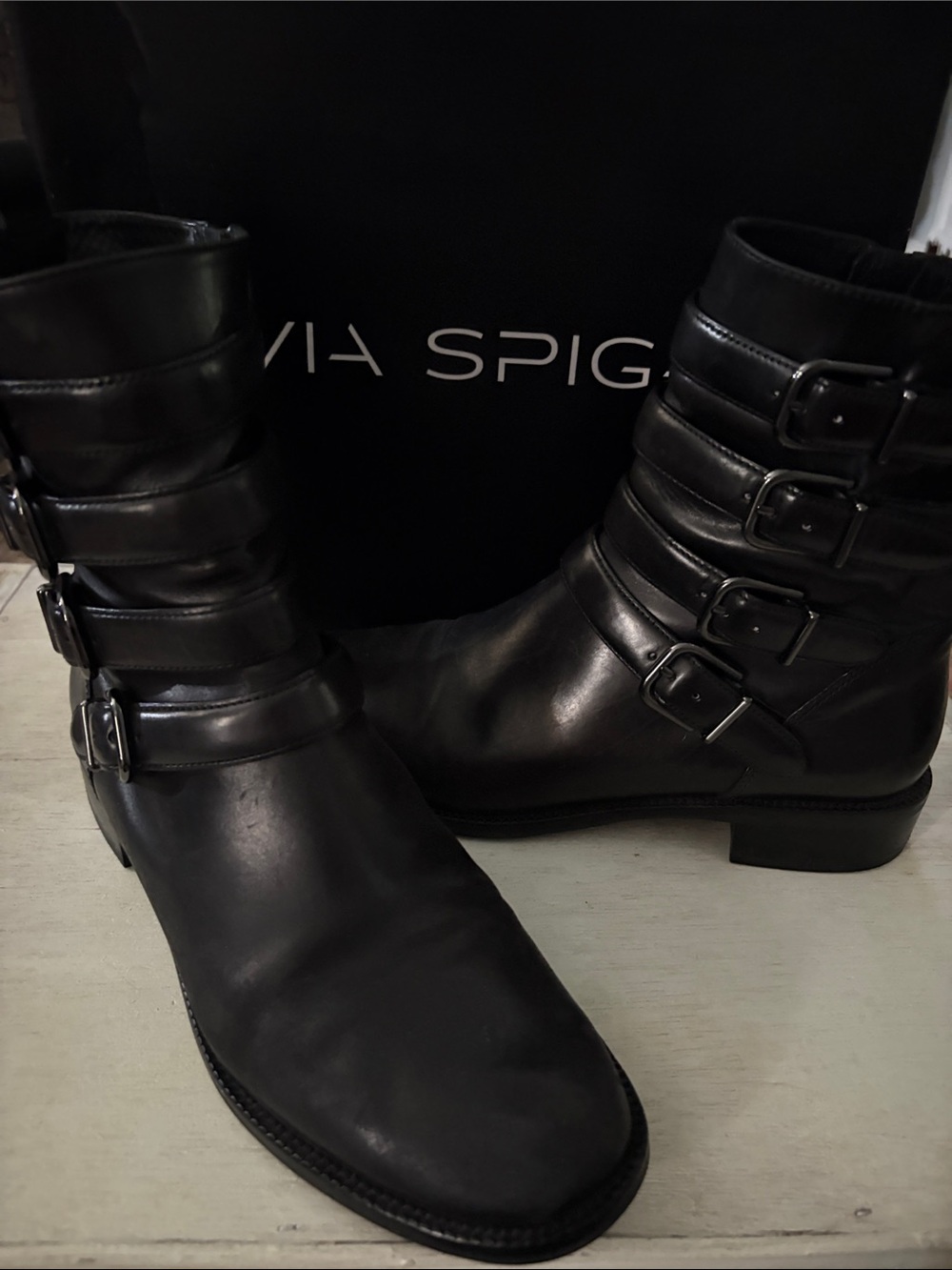SZ 9 VIA SPIGA BLACK LEATHER BARA MOTO BOOT